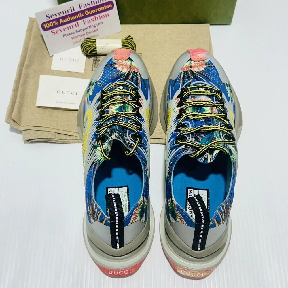 Gucci Run 10/ US 10.5 Knit Low Top Sneakers Blue Floral Print Shoes NIB $920